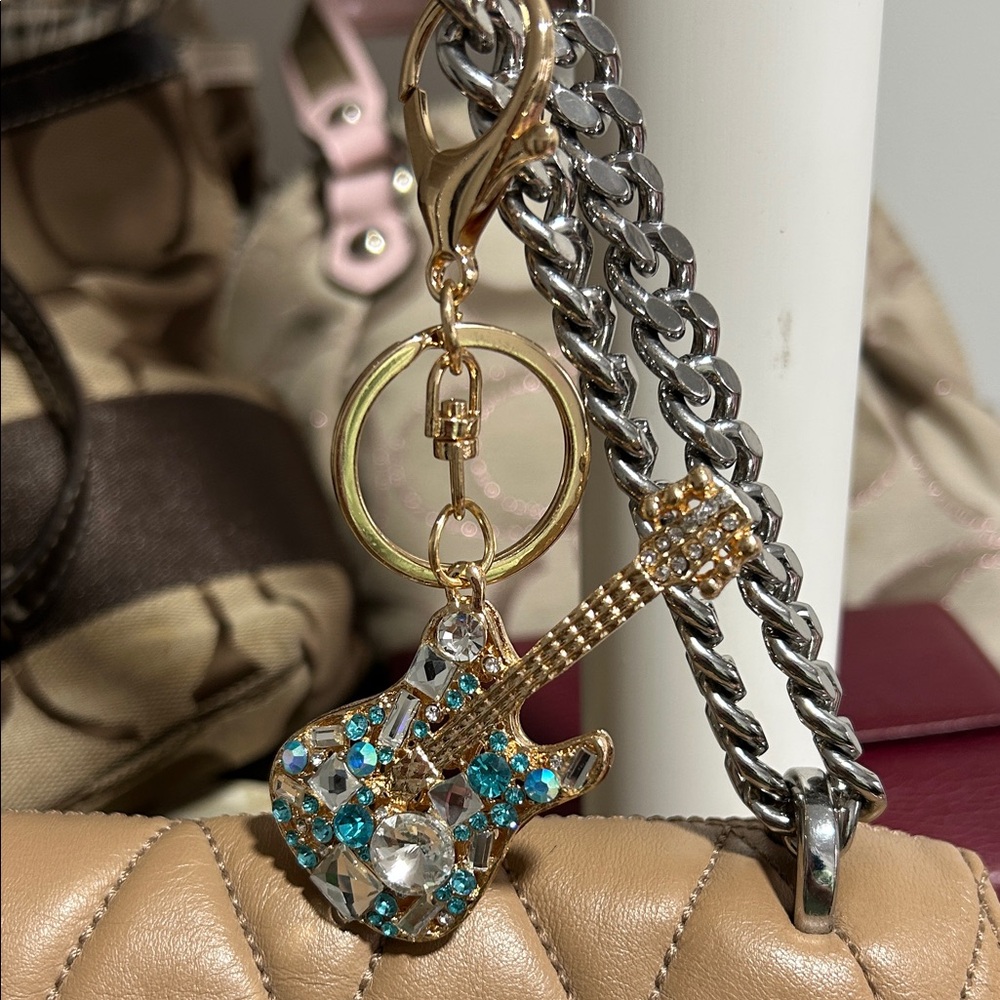 Gold Guitar Keychain with Teal Blue  Accents